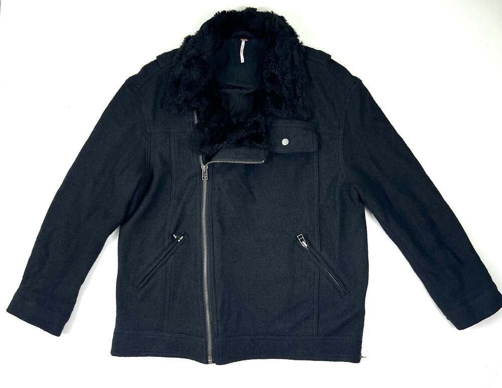 Free People Simple Salute Black Wool Faux Fur Jacket Coat Military Biker Size M